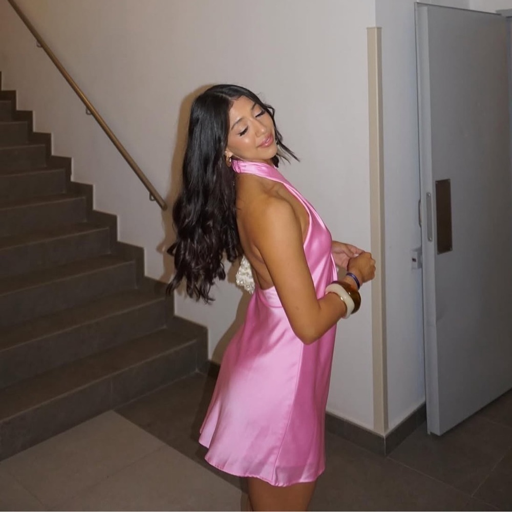 SHOW ME YOUR MUMU Jasmine Halter Mini Dress In Pink Luxe Satin